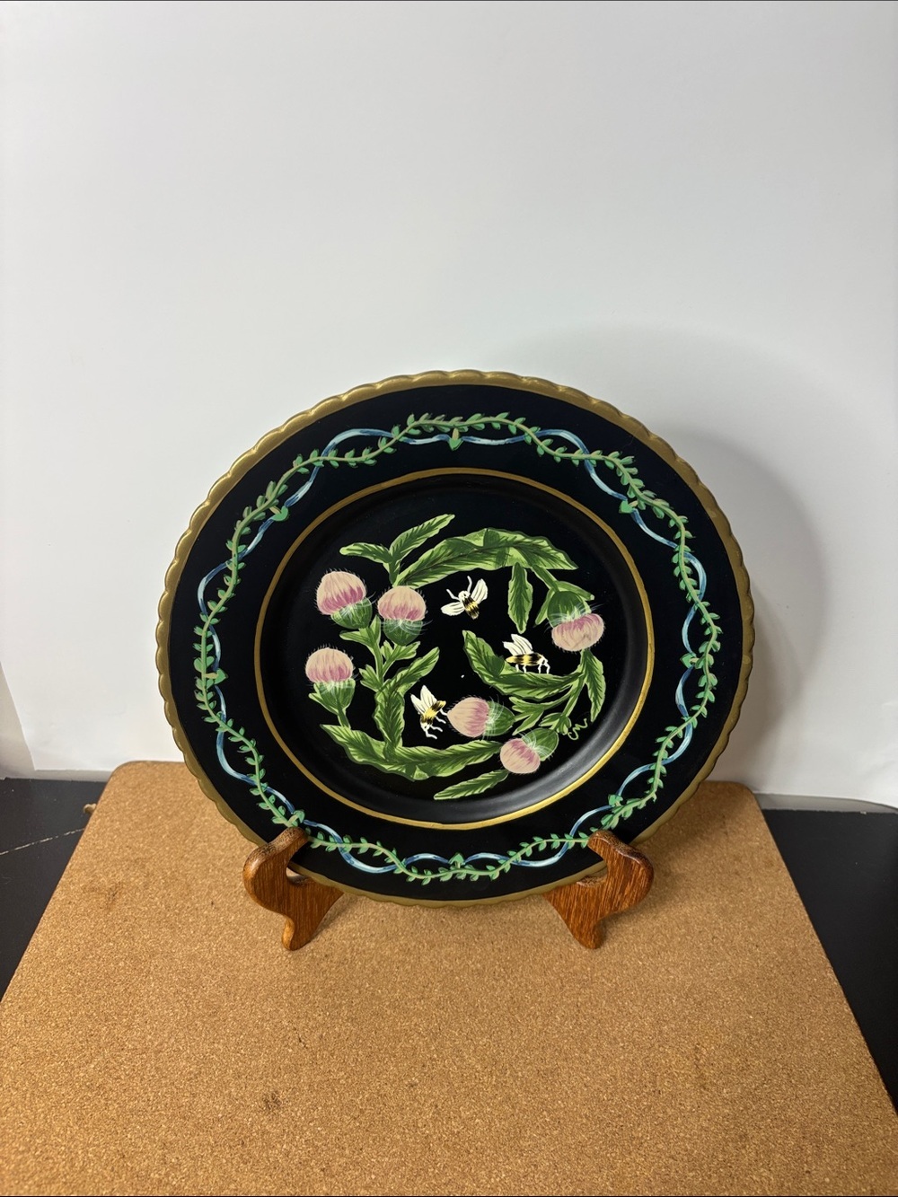 Black Floral Decorative Plate Pink Thistle Green Wreath Hand Painted 10” Cottage